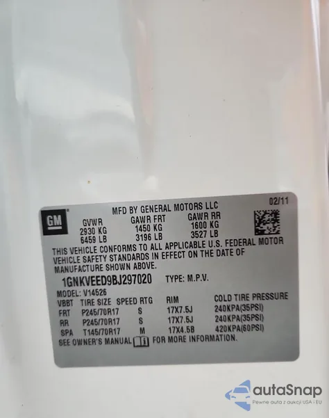 2011 Chevrolet Traverse Ls from USA, damaged, VIN 1GNKVEED9BJ297020